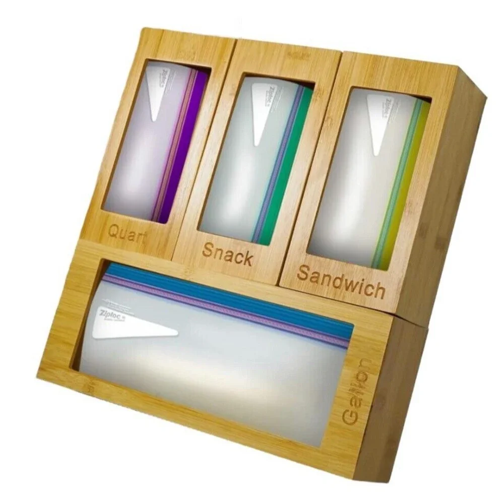 Bamboo Ziplock Bag Storage Organizer - 4 Separate Food Storage Bag Organizer